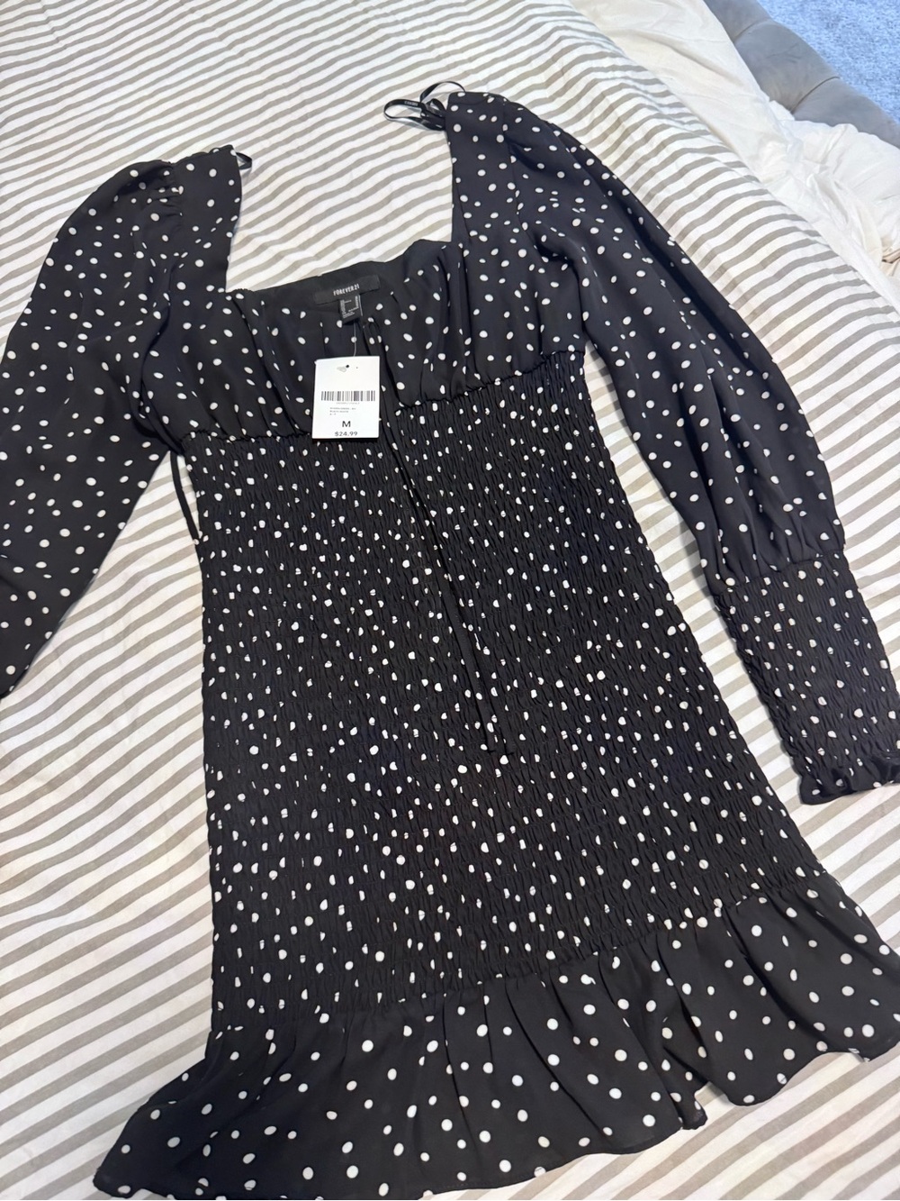 Forever 21 Black and White Polka Dot Long Sleeve Smocked Dress